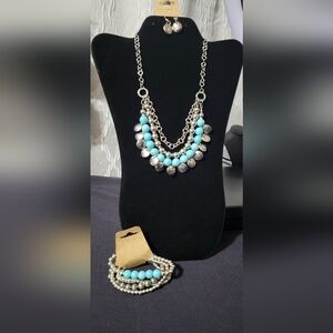 Silver & Turquoise Multi-Layer Beaded Necklace Set w/Bracelet (#9)